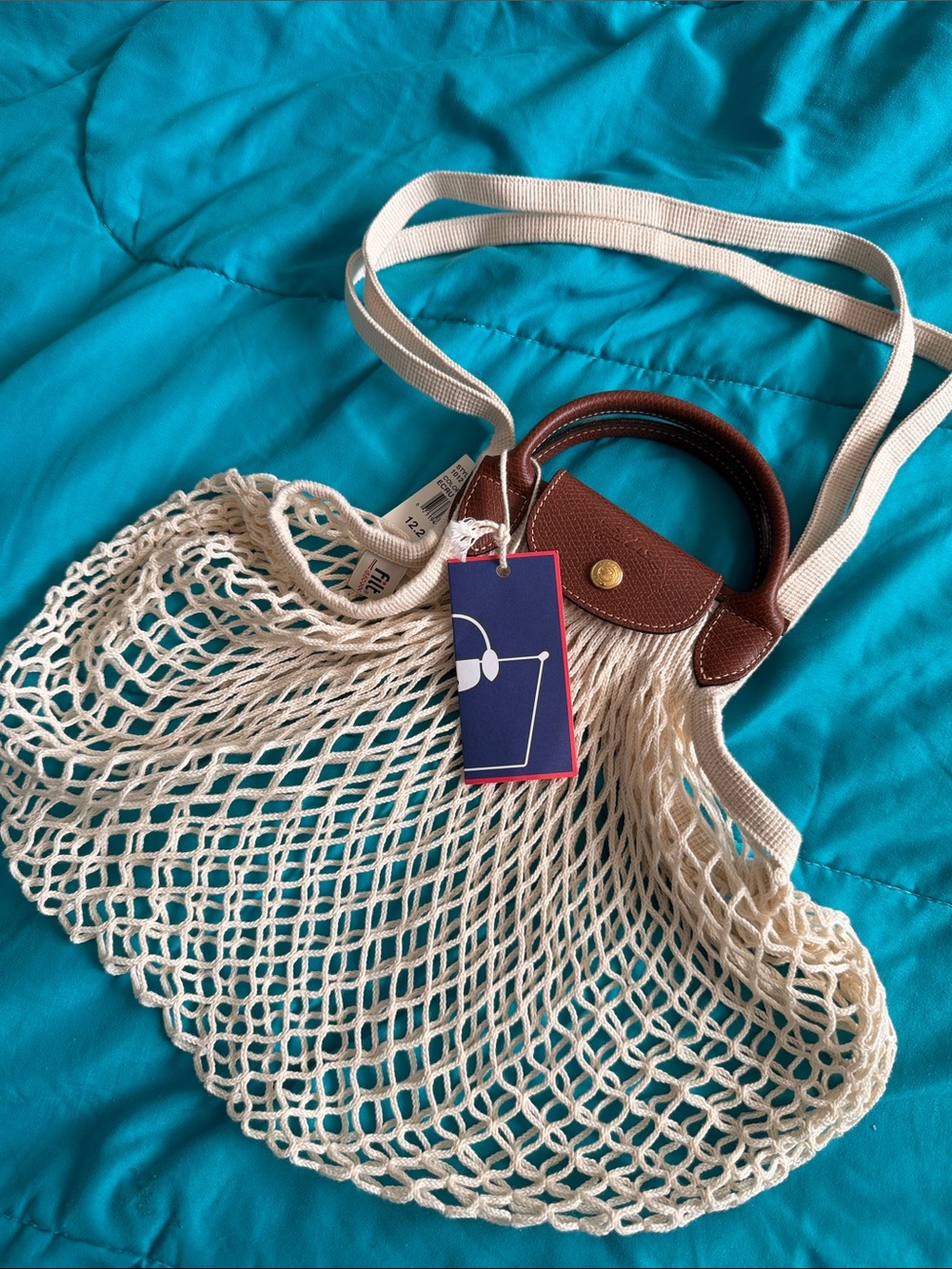 Longchamp Cream Net Tote with Brown Leather Handles